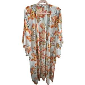 Umgee Lightweight White and Orange Floral Bell Sleeve Duster Kimono Size Large